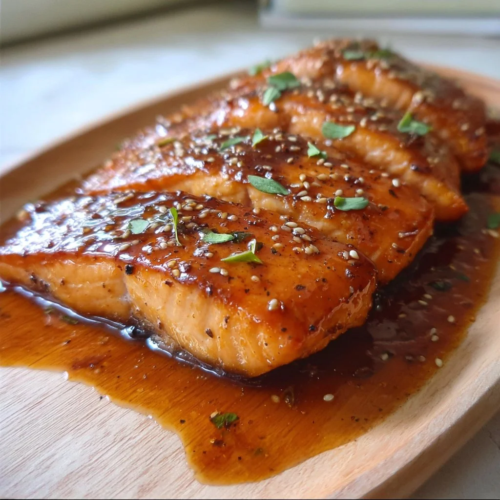 Delicious maple glazed salmon garnished with herbs on a plate