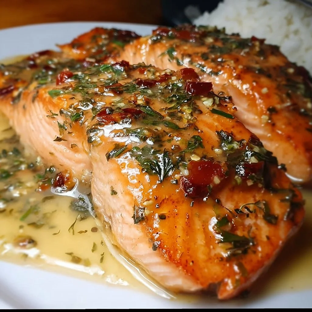 Delicious Marry Me Salmon dish garnished with herbs and lemon slices.