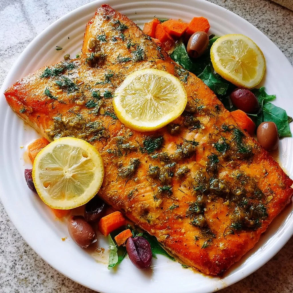 Mediterranean Baked Dijon Salmon with herbs and spices on a plate