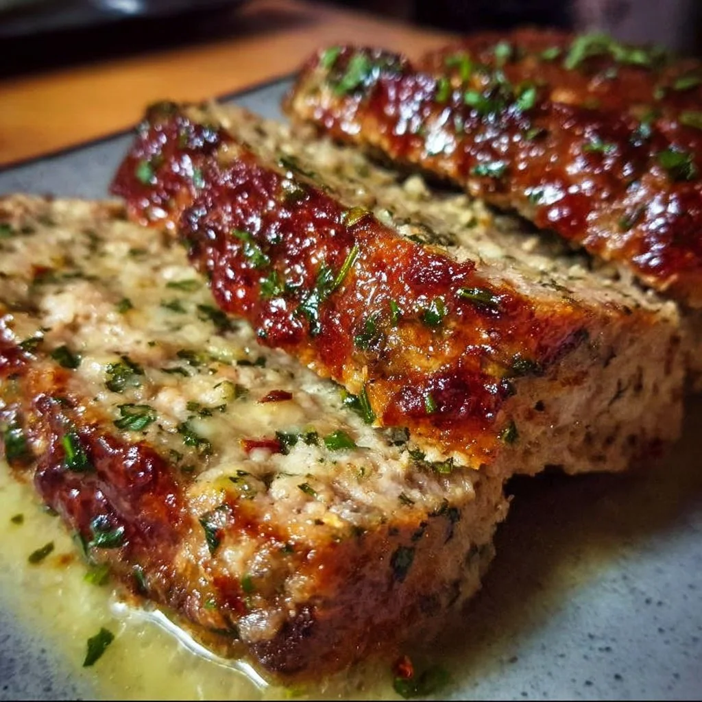 Delicious garlic parmesan chicken meatloaf, perfectly cooked and served.