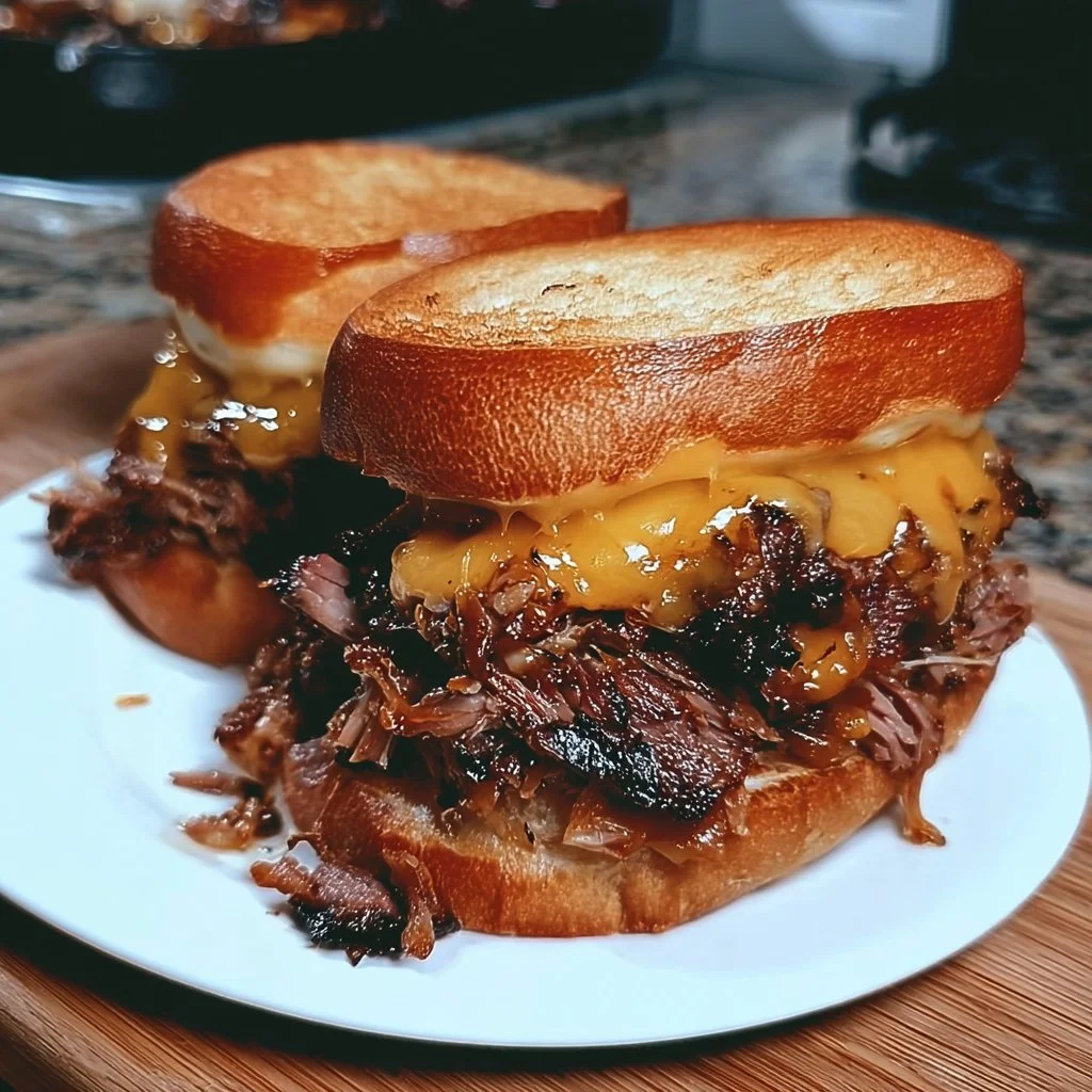 Melted cheese BBQ brisket sandwich with fresh toppings on a wooden board