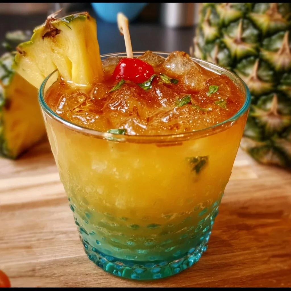 A vibrant Mermaid Pineapple Punch served in a glass with tropical fruits.
