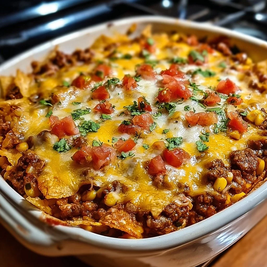 Delicious Mexican casserole topped with cheese and fresh ingredients.