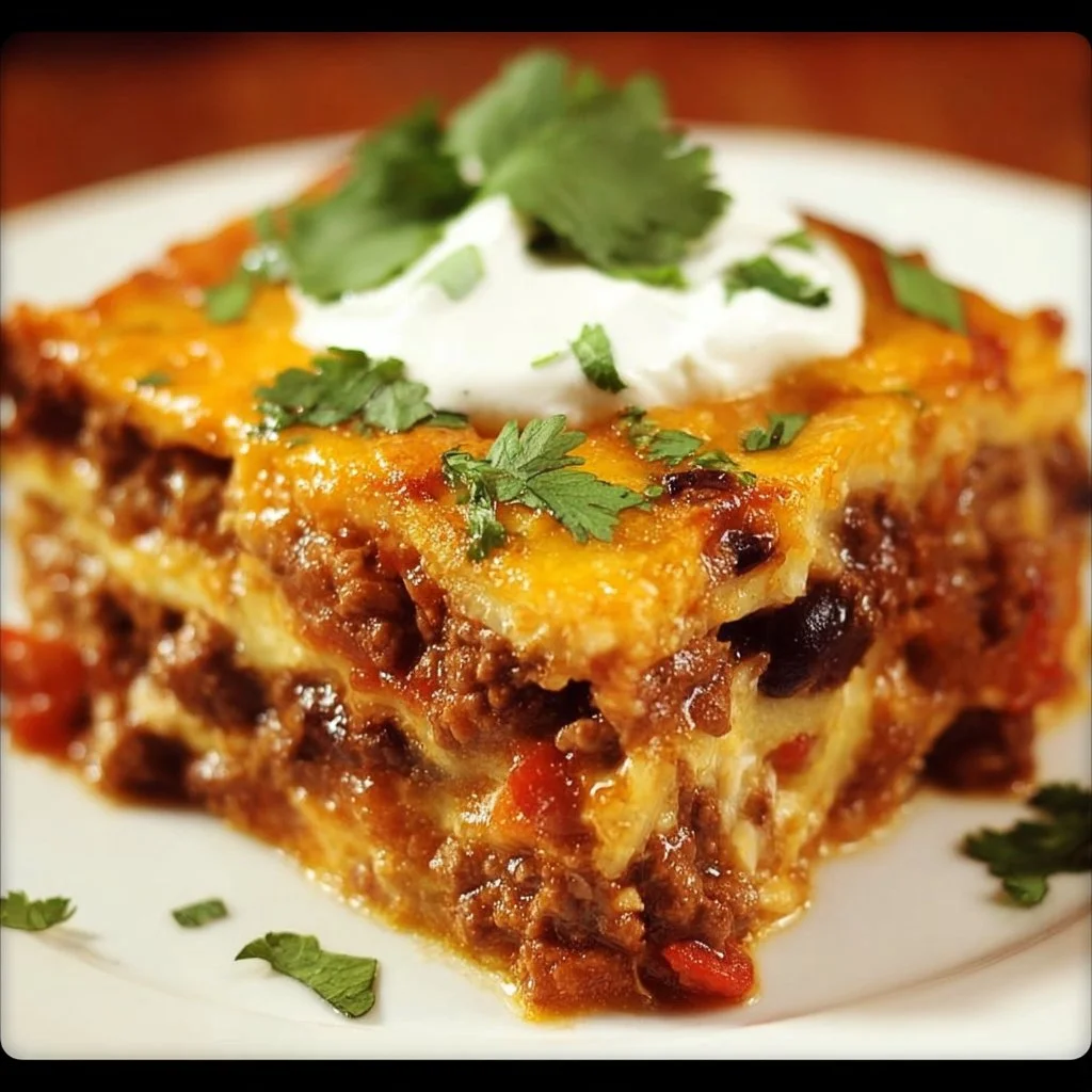 Delicious Mexican Lasagna layered with cheese and spices ready to serve