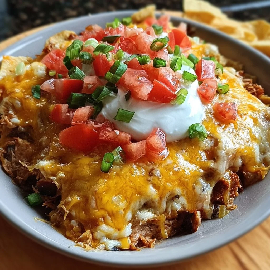 Delicious Mexican White Trash Casserole topped with cheese and spices.