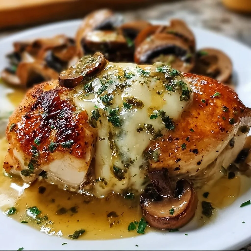 Mushroom and cheese stuffed chicken topped with garlic butter sauce on a plate