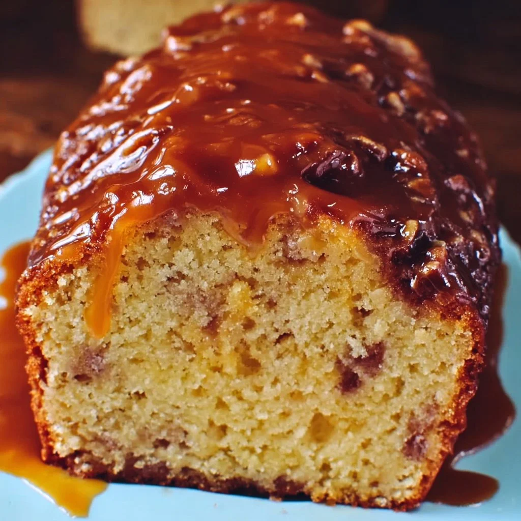 Slice of brown sugar caramel pound cake on a white plate with a fork