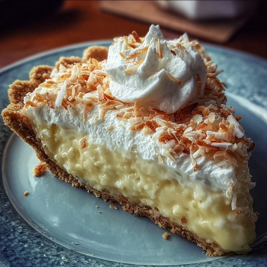 Delicious no-bake coconut cream pie topped with whipped cream and coconut flakes.