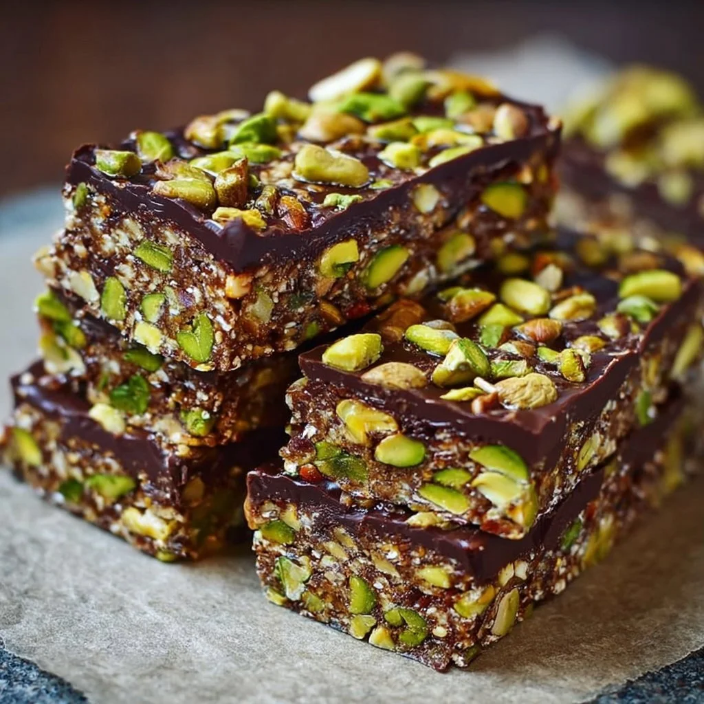 No-bake pistachio and dark chocolate bars arranged on a plate