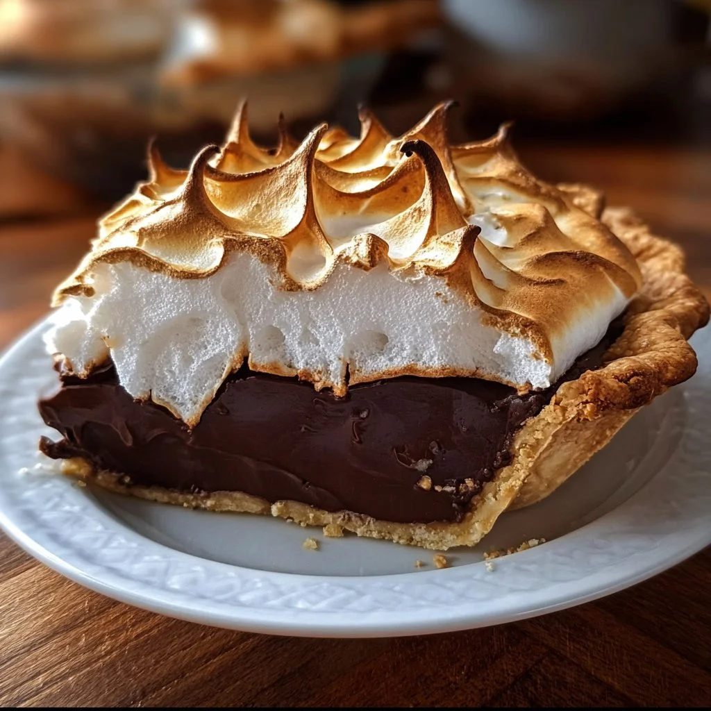 Old Fashioned Chocolate Pie topped with Golden Meringue dessert