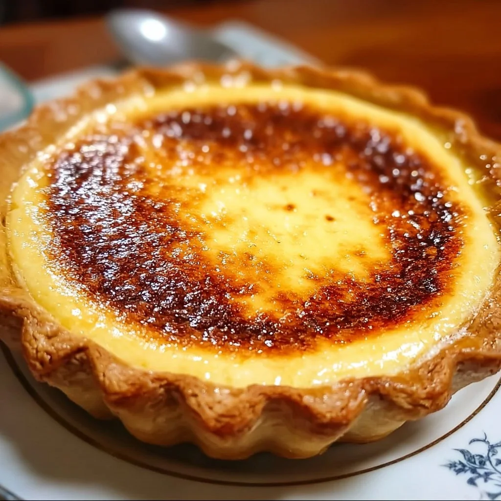Homemade Old Fashioned Egg Custard Pie sliding onto a serving plate