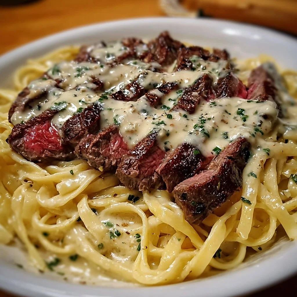 Delicious Olive Garden Steak Gorgonzola Alfredo served in a creamy sauce
