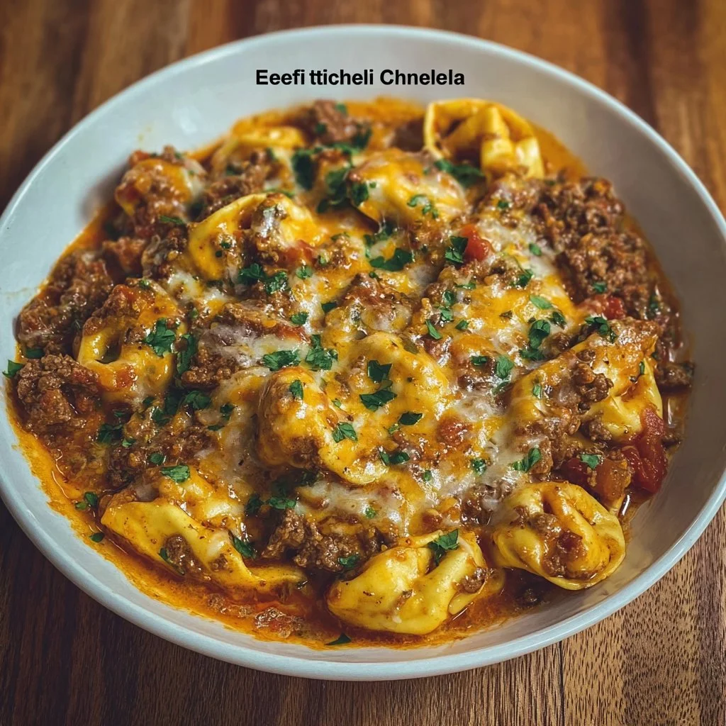 One-Pot Cheesy Enchilada Tortellini dish with Beef served in a skillet