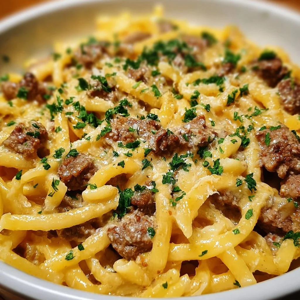 One Pot Creamy Beef and Garlic Butter Pasta served in a bowl with garnish