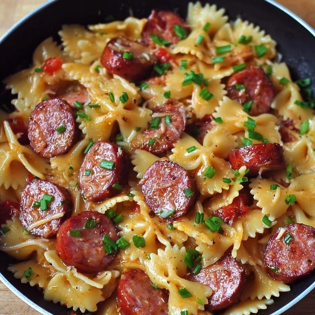 Delicious One Pot Kielbasa Pasta served in a bowl with fresh herbs