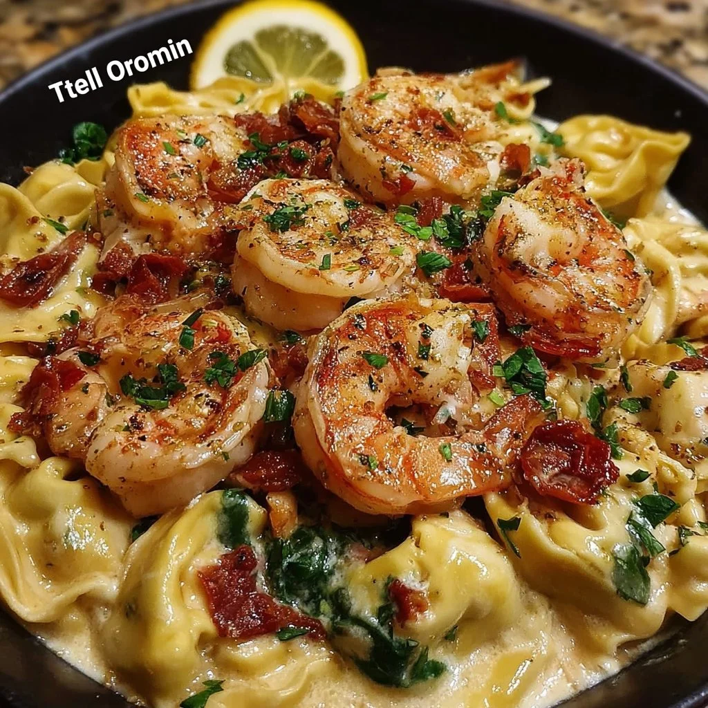 One Pot Shrimp and Creamy Garlic Tortellini on a plate garnished with herbs