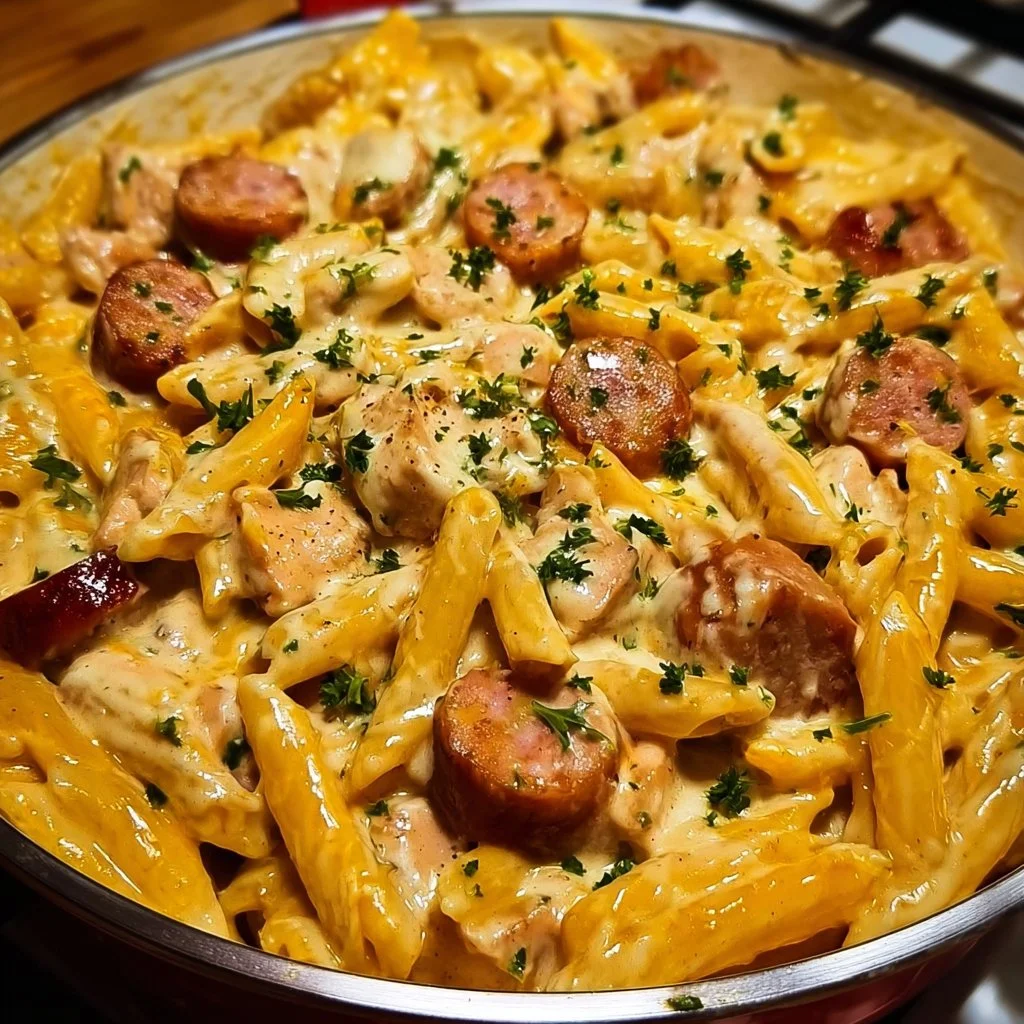 One-Pot Smoky Cheddar Ranch Chicken and Sausage Pasta dish