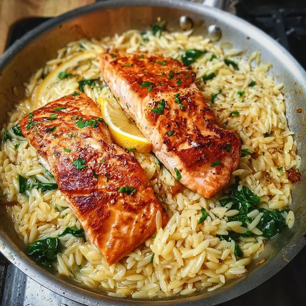 One skillet salmon with lemon orzo dish served on a plate.
