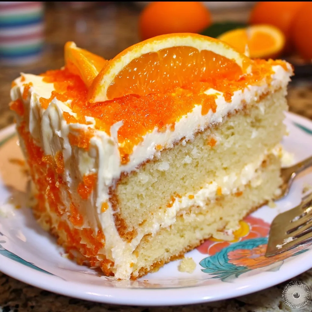 Delicious Orange Creamsicle Cake topped with creamy frosting and orange slices