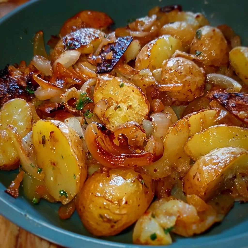 Oven Fried Potatoes and Onions served in a bowl, golden and crispy
