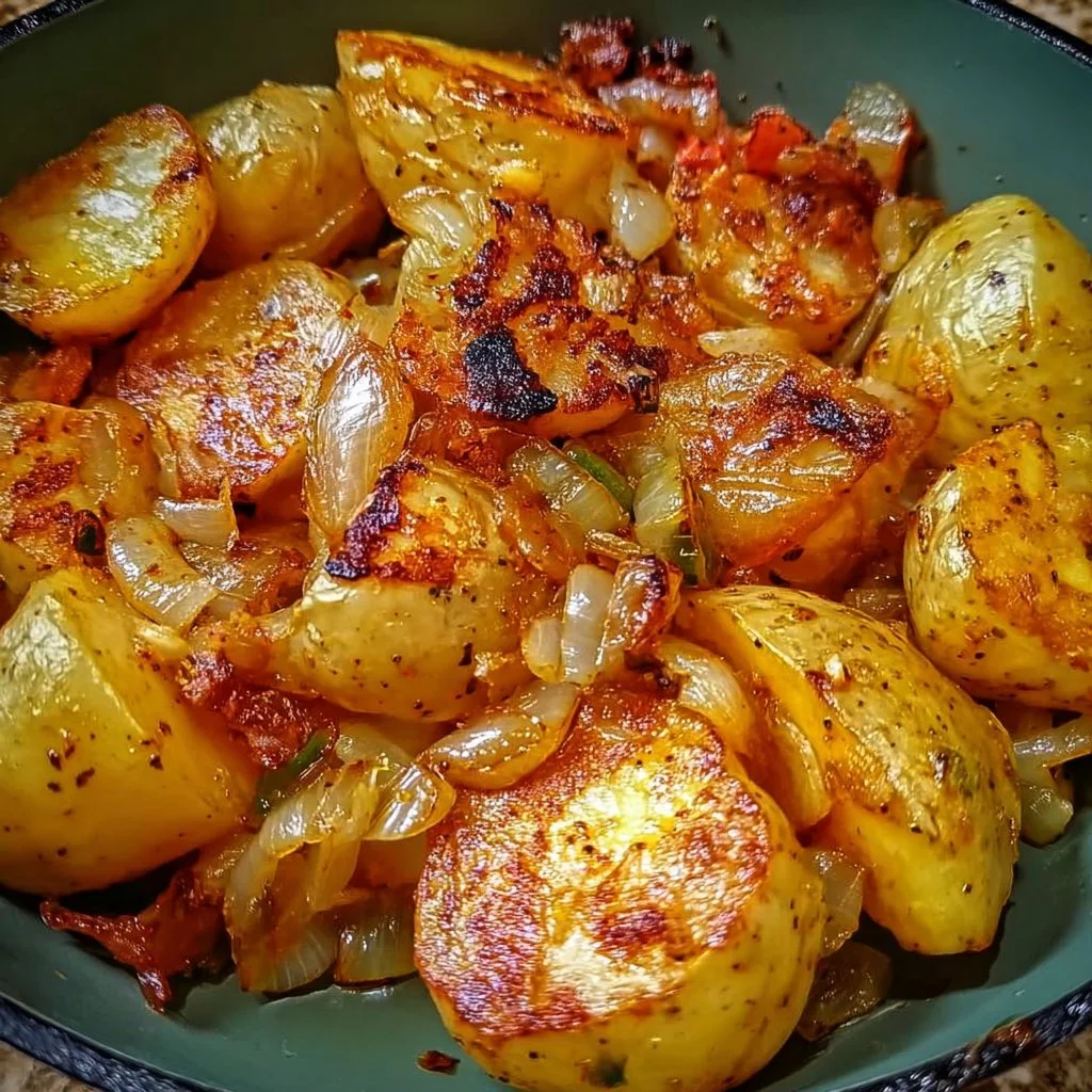 Delicious oven fried potatoes and onions, crispy and golden brown.