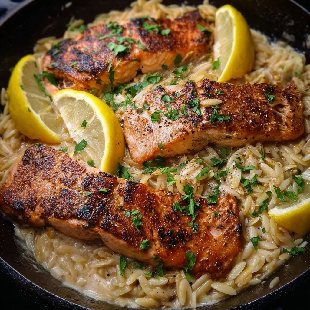 Pan-fried salmon fillet with creamy lemon orzo on a plate