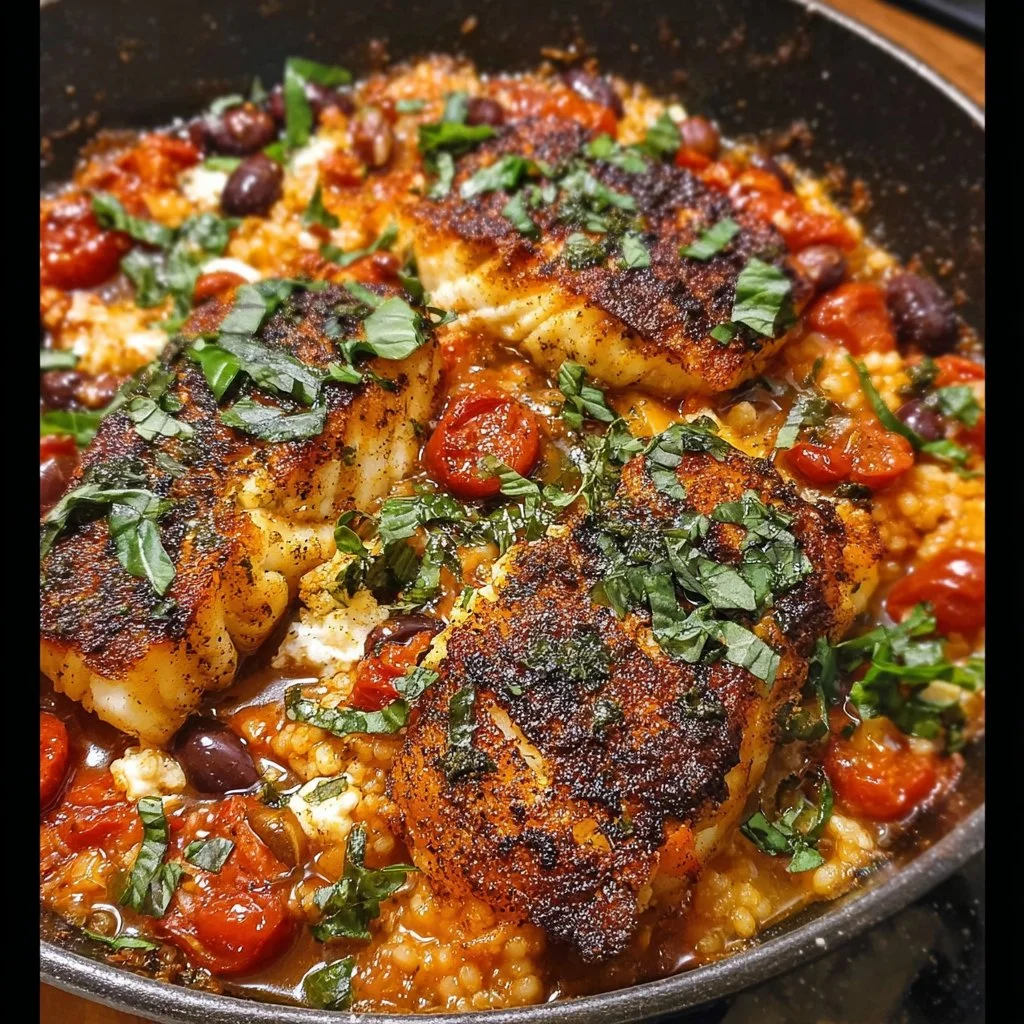 Pan-seared Mediterranean cod served in tomato basil sauce on a plate