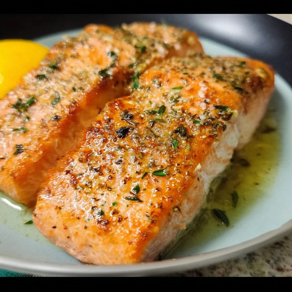 Pan seared salmon fillet garnished with herbs and served on a plate