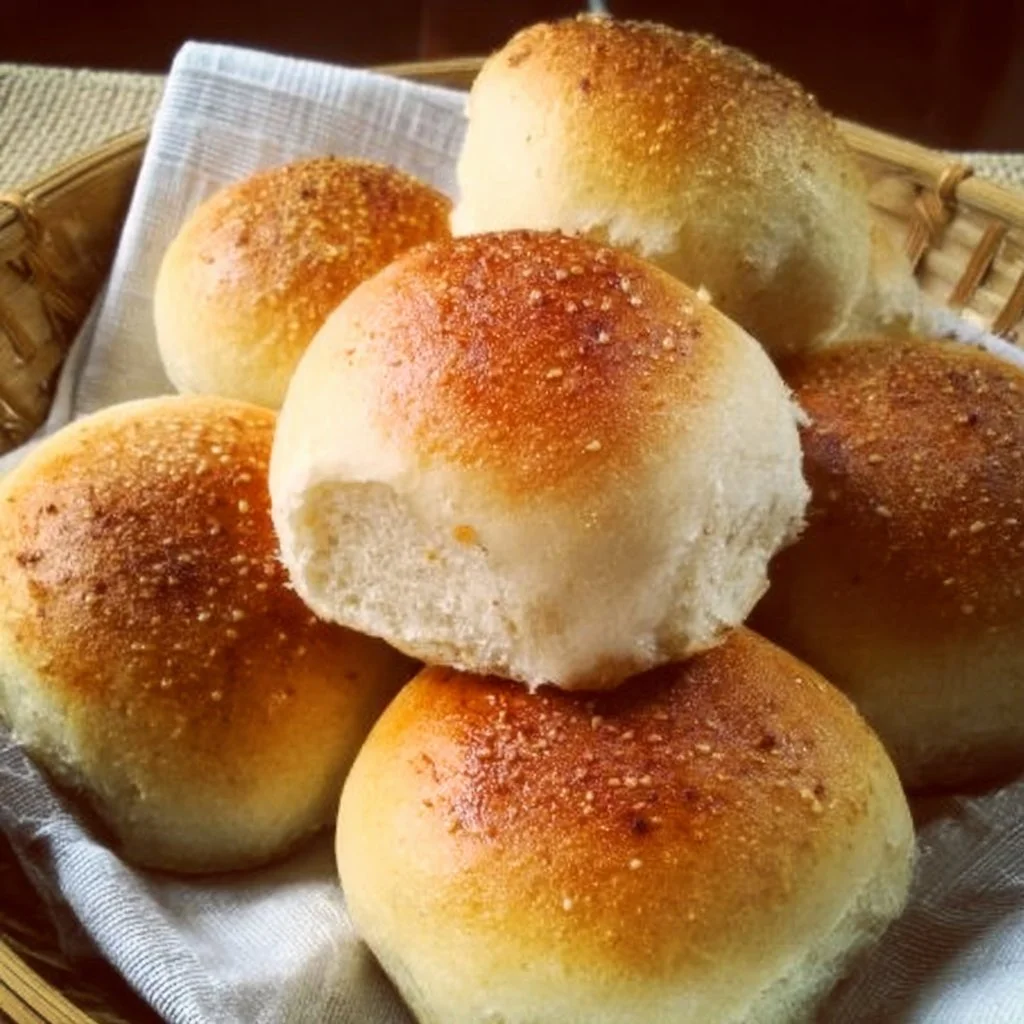 Freshly baked Pandesal, a popular Filipino bread roll, on a wooden table.