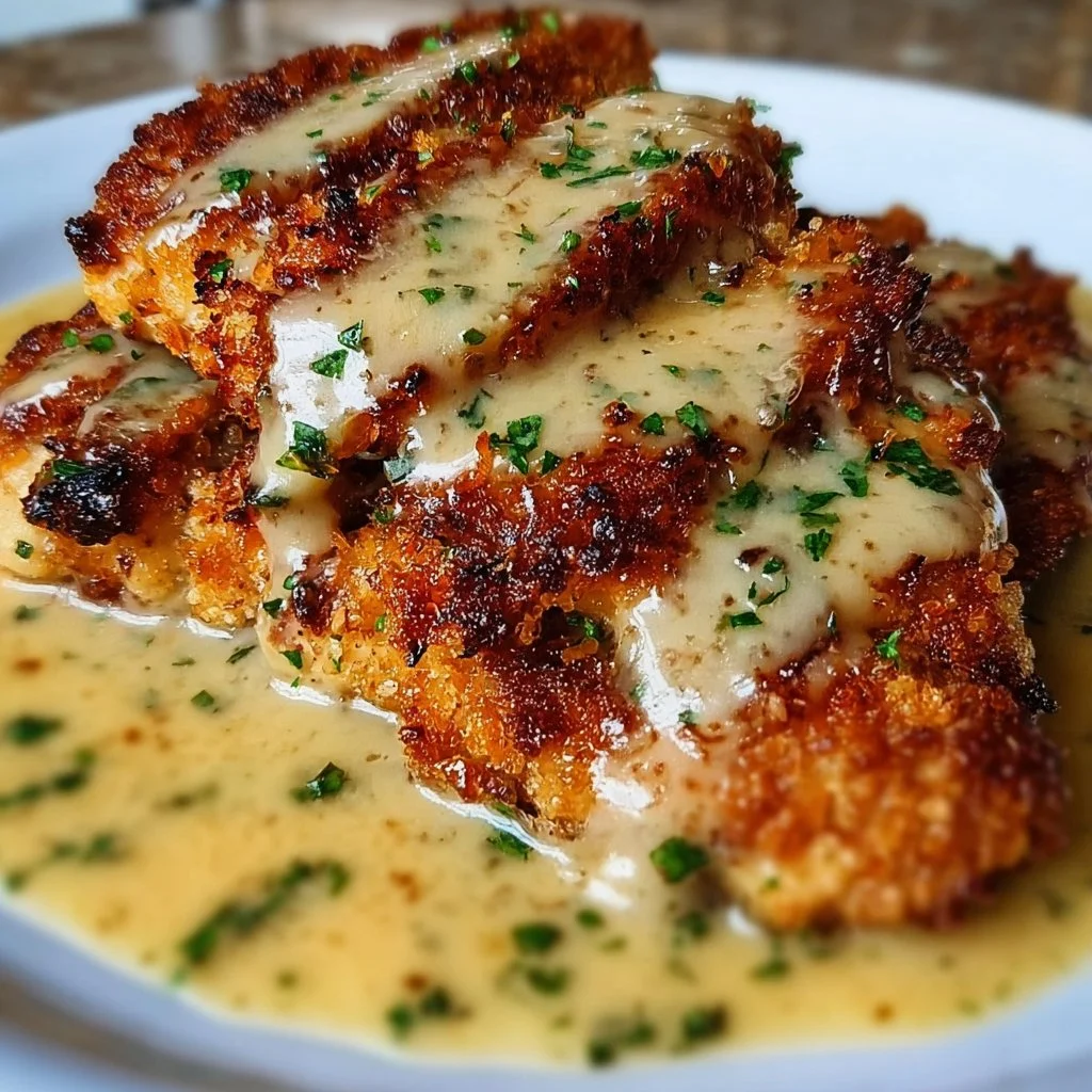 Delicious Parmesan Crusted Chicken with Creamy Garlic Sauce served on a plate