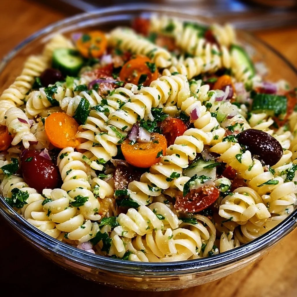 Colorful Pasta Salad with Homemade Dressing served in a bowl