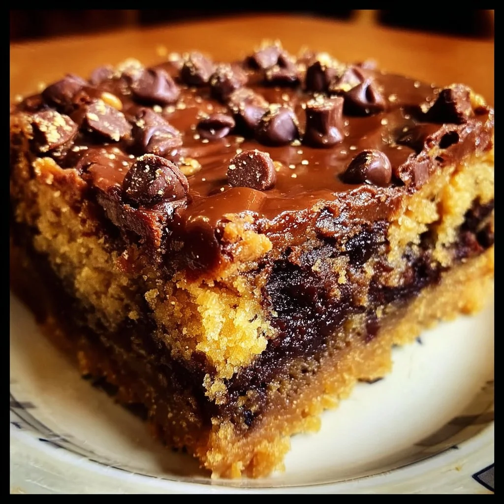 Delicious peanut butter cup dump cake topped with chocolate and peanut butter