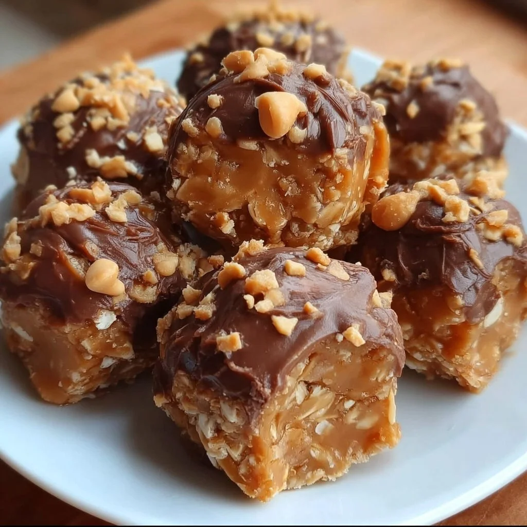 Delicious homemade Peanut Butter Oatmeal Balls on a wooden surface