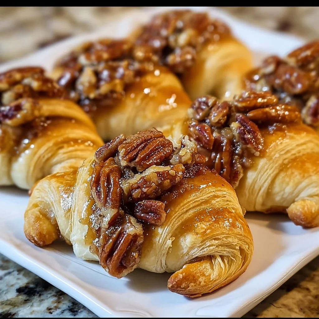 Pecan Pie Crescents with a flaky crust and pecan filling, served on a plate.