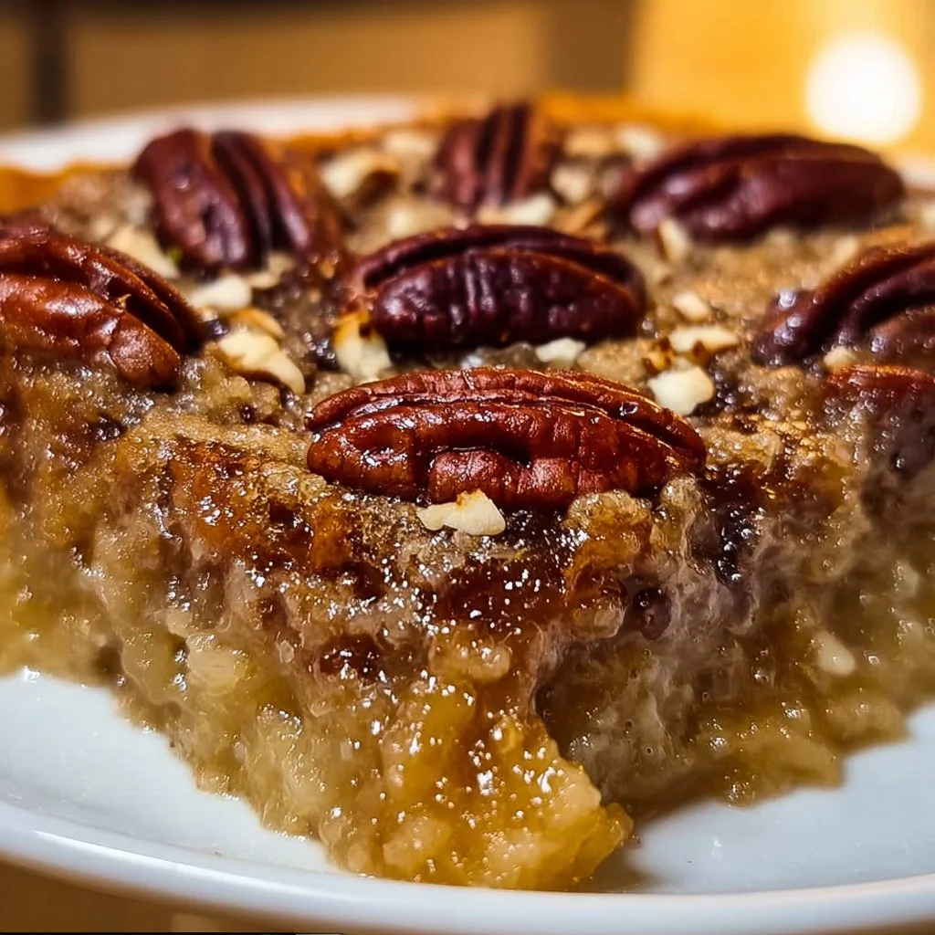 Pecan Pie Dump Cake topped with pecans and caramel in a baking dish.