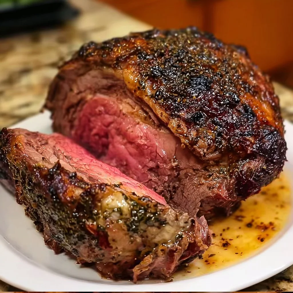 A perfectly cooked prime rib roast served with sides