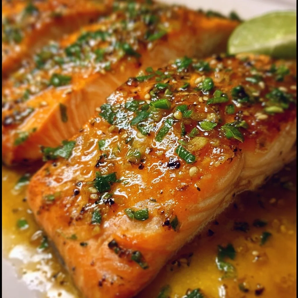 Plate of perfectly crispy honey garlic salmon garnished with herbs