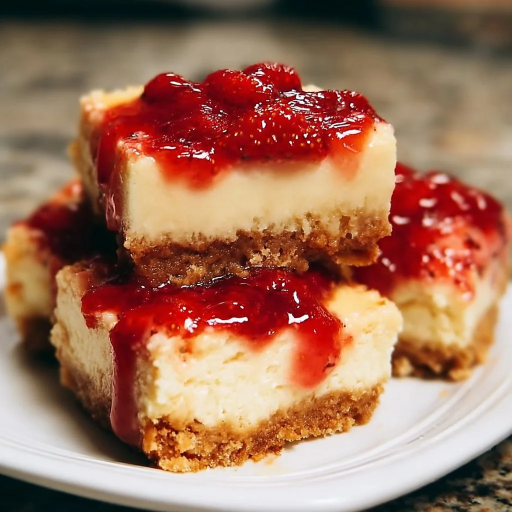 Delicious Philadelphia strawberry cheesecake bars topped with fresh strawberries.
