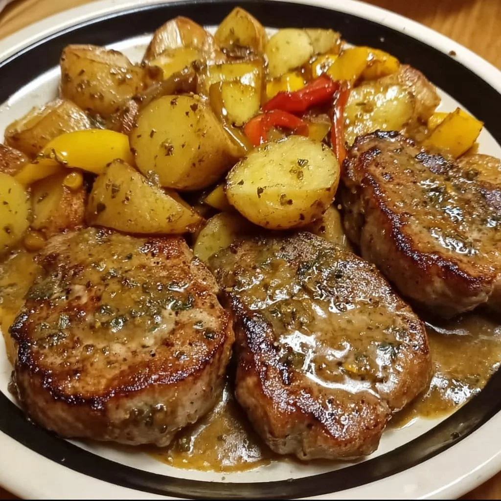 Pork chops with potatoes and peppers on a plate