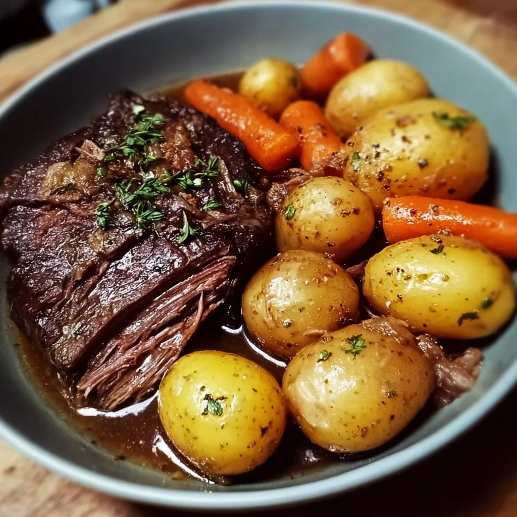 Pot roast recipe with tender meat, potatoes, and carrots in a rich gravy.