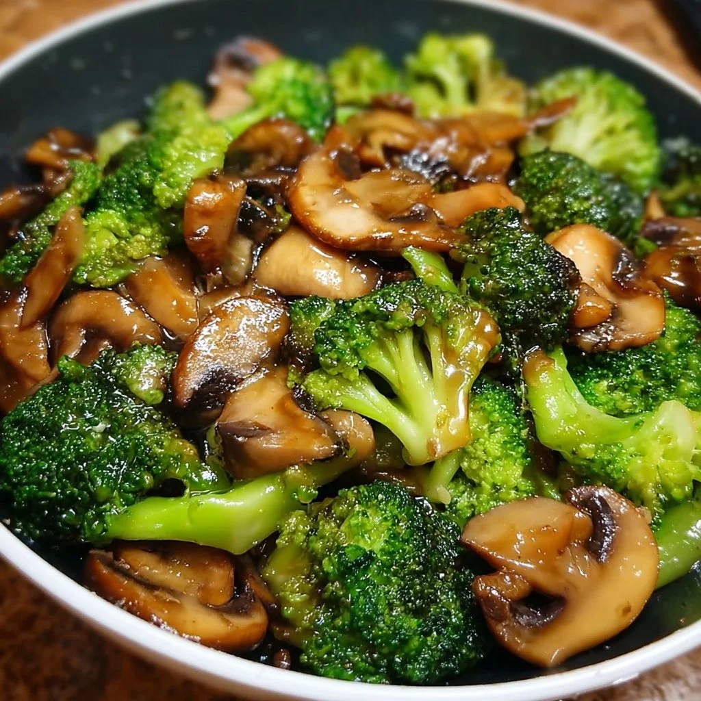 Stir-fried broccoli and mushrooms in a colorful skillet
