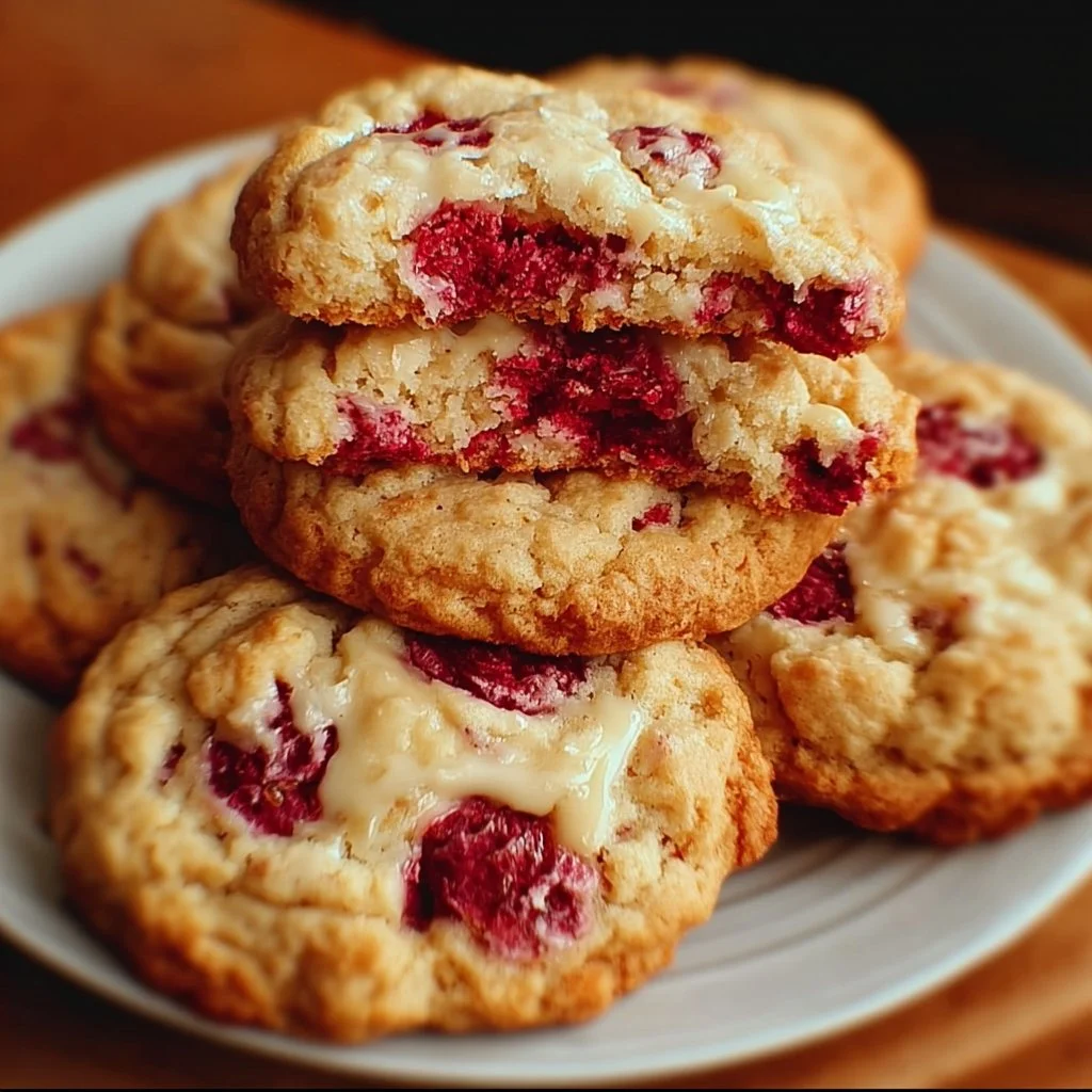 Delicious Raspberry Cheesecake Cookies on a plate, showcasing creamy cheesecake and raspberry flavors