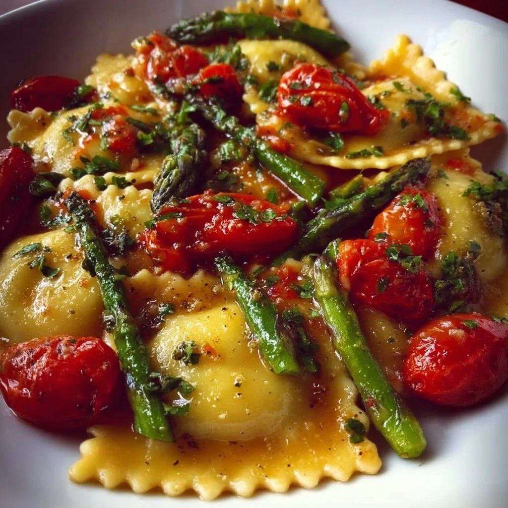 Delicious plate of ravioli with tomatoes, asparagus, garlic, and herbs