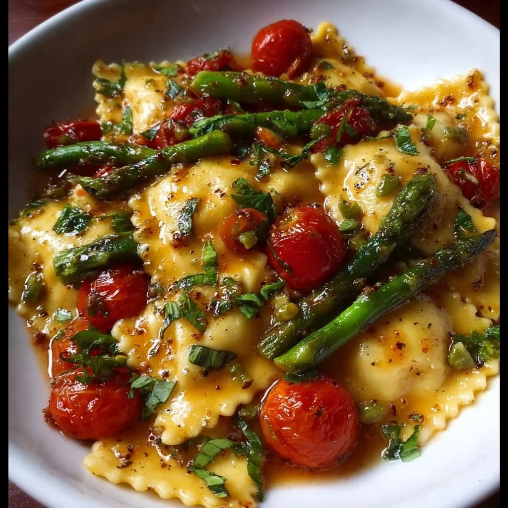 Plate of ravioli with tomatoes, asparagus, garlic, and herbs