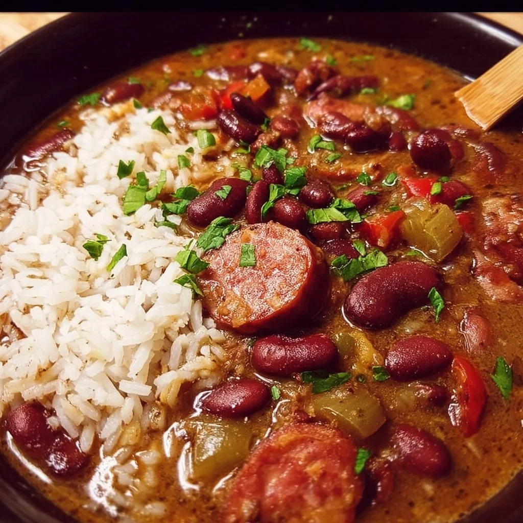 A bowl of red beans and rice garnished with herbs