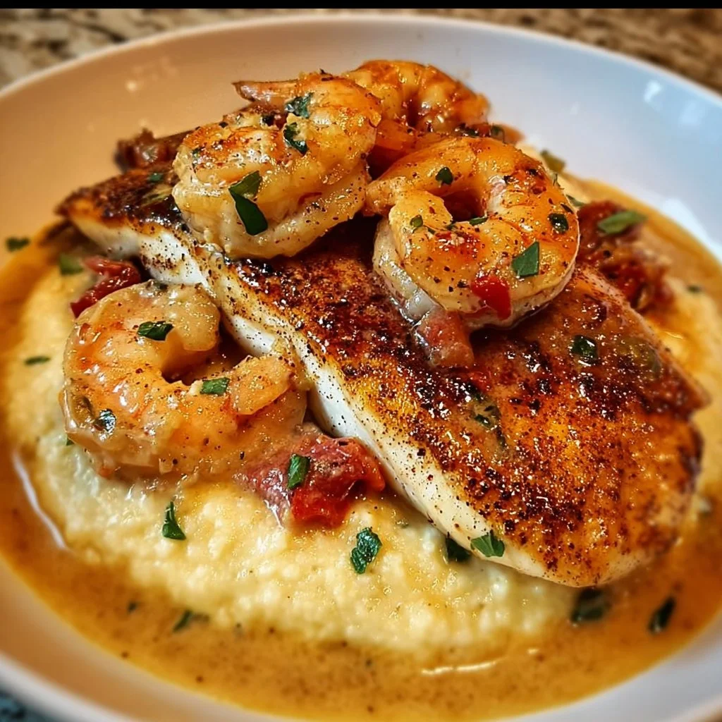 Plate of shrimp and grits with red snapper and Cajun cream sauce