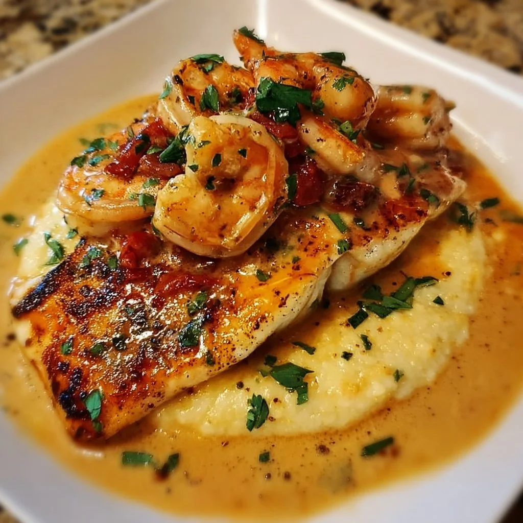 Dish of red snapper and shrimp and grits with Cajun cream sauce