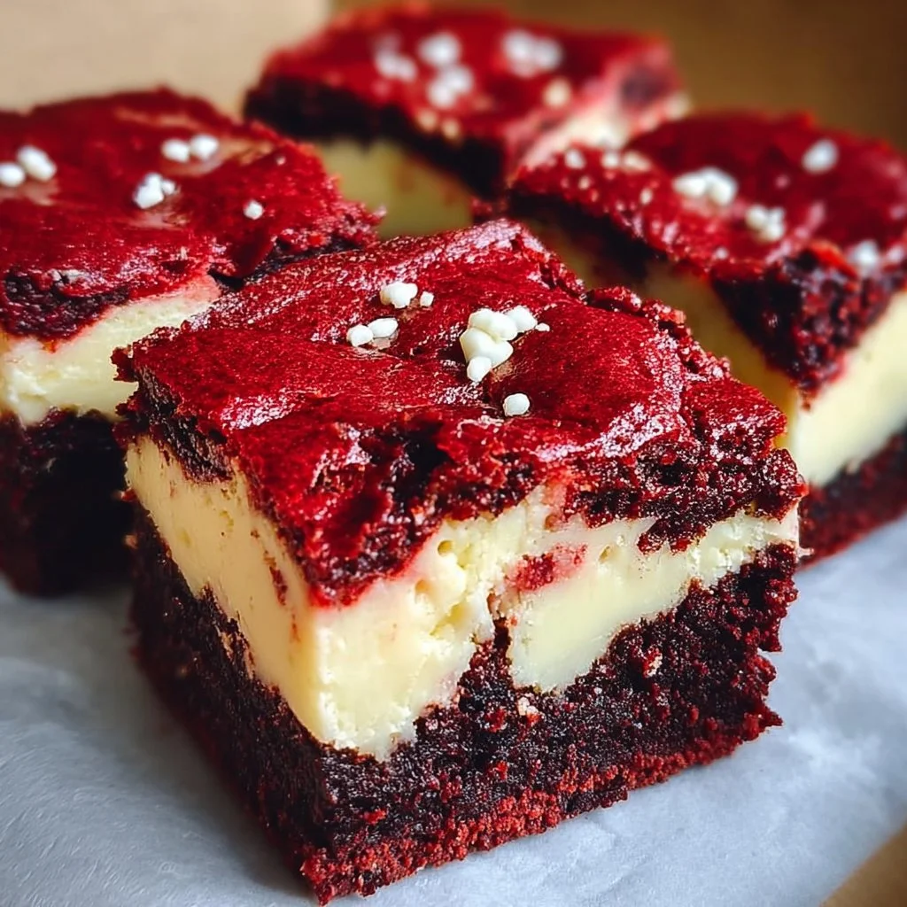 Delicious red velvet cream cheese brownies topped with cream cheese frosting
