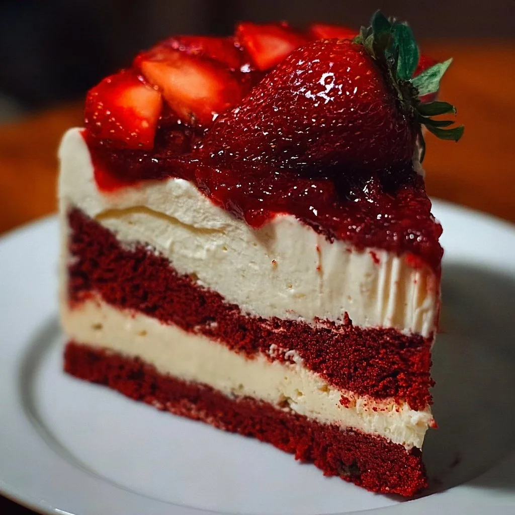 Delicious Red Velvet Strawberry Cheesecake topped with fresh strawberries