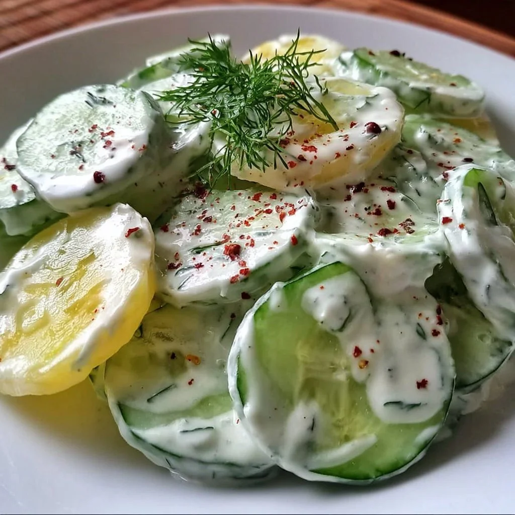 Bowl of refreshing creamy cucumber salad with fresh herbs and dressing